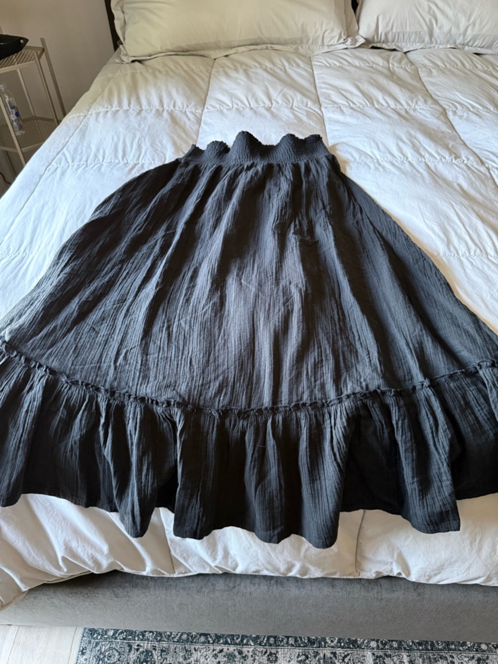 Quince Black Smocked-Waist Maxi Skirt with Ruffle Hem NWT